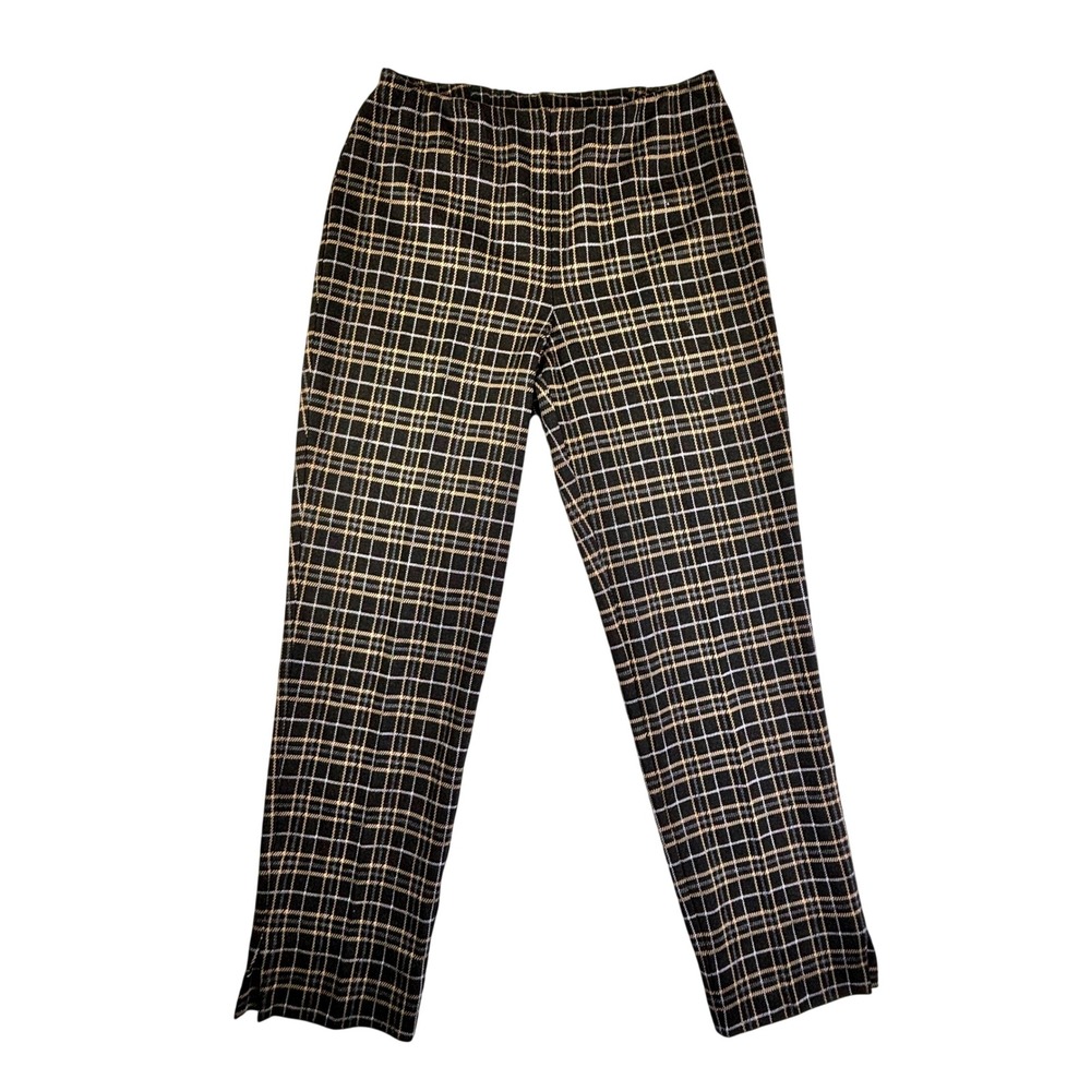 J. Jill Ponte Slim Leg Pants Black Tan Plaid Elastic Waist Trousers Small